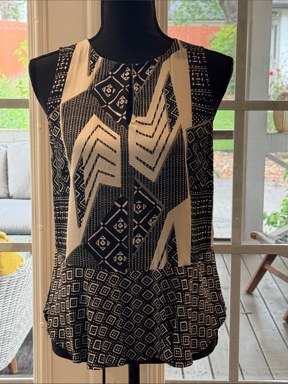 Diane Von Furstenberg Black & Cream Geometric Peplum Camisole